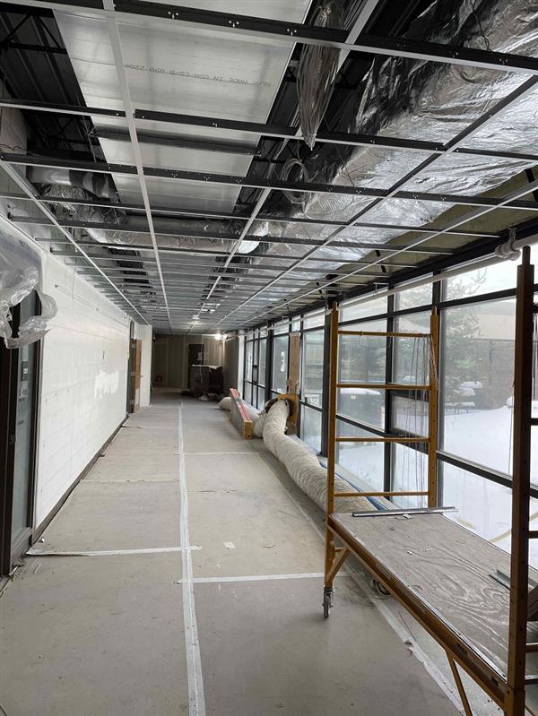 Corridor and classroom ceiling grid installed